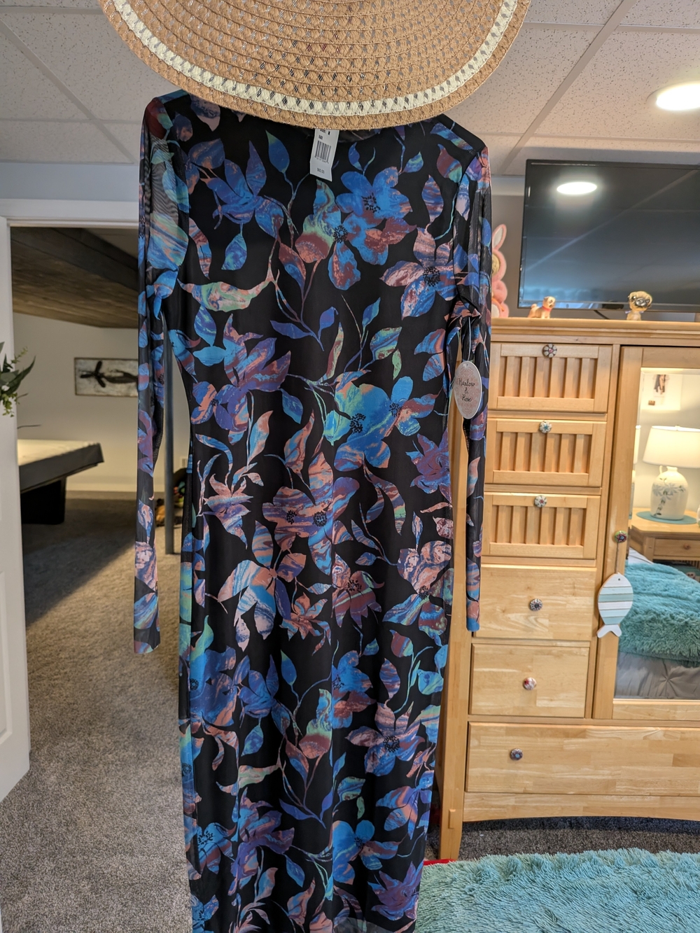 Long-Sleeve Black Floral Maxi Dress with Blue & Purple Leaves